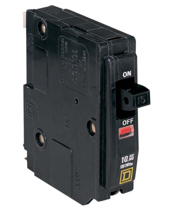 A black electrical device with a red button that says offL
