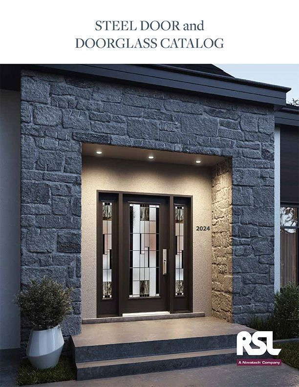 Steel door and door glass catalog cover showing a modern home entrance.
