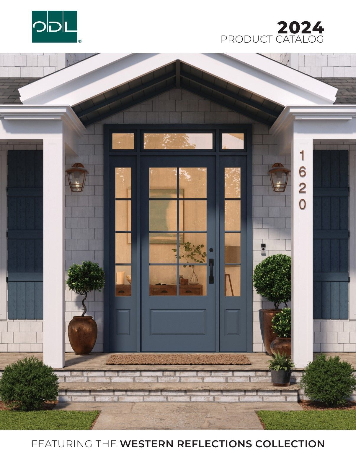 2024 product catalog cover featuring a blue door with glass panes, two planters, and house number 1620.