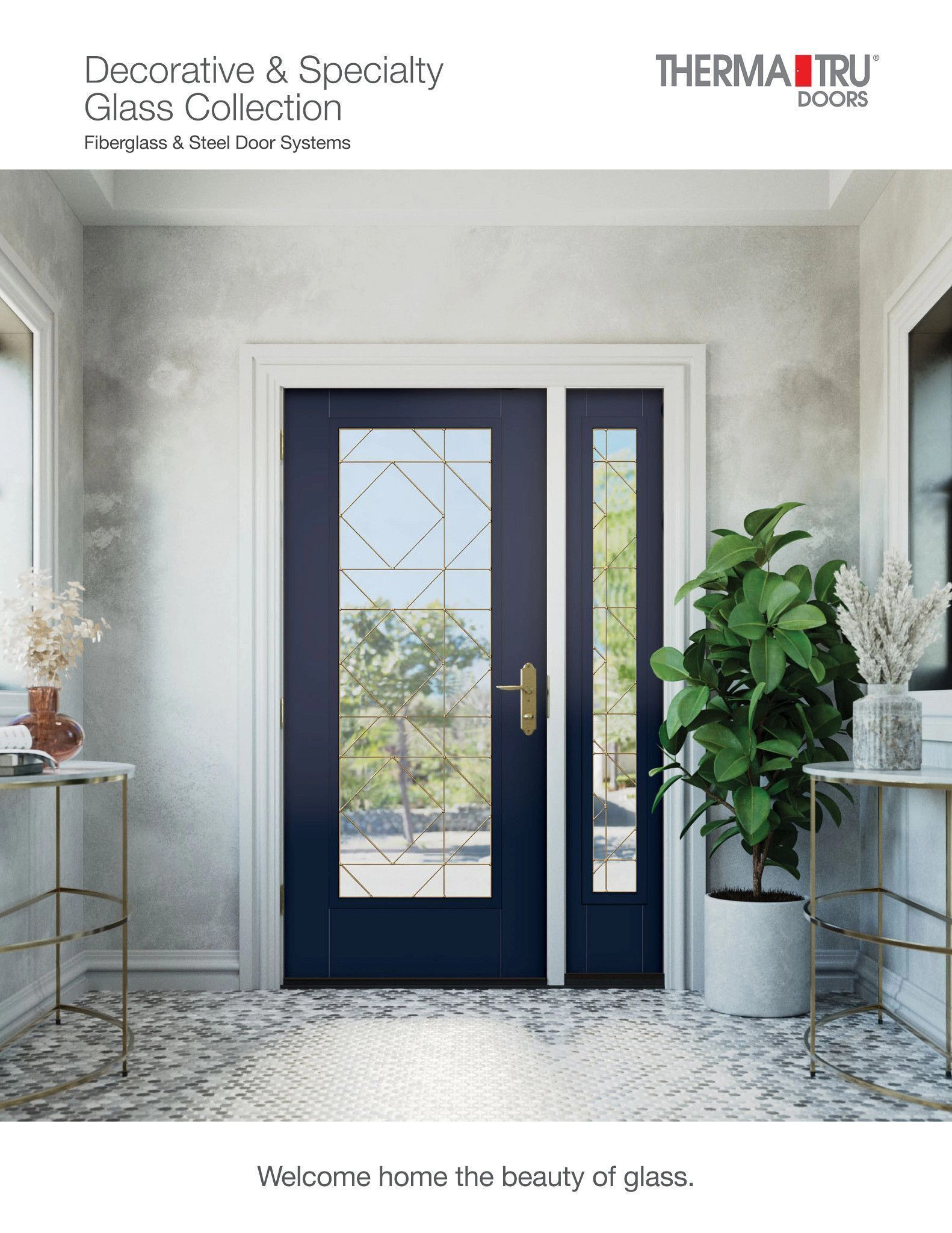 Blue front door with sidelight, framed in white, with clear glass. Interior with plants and decorative tables.