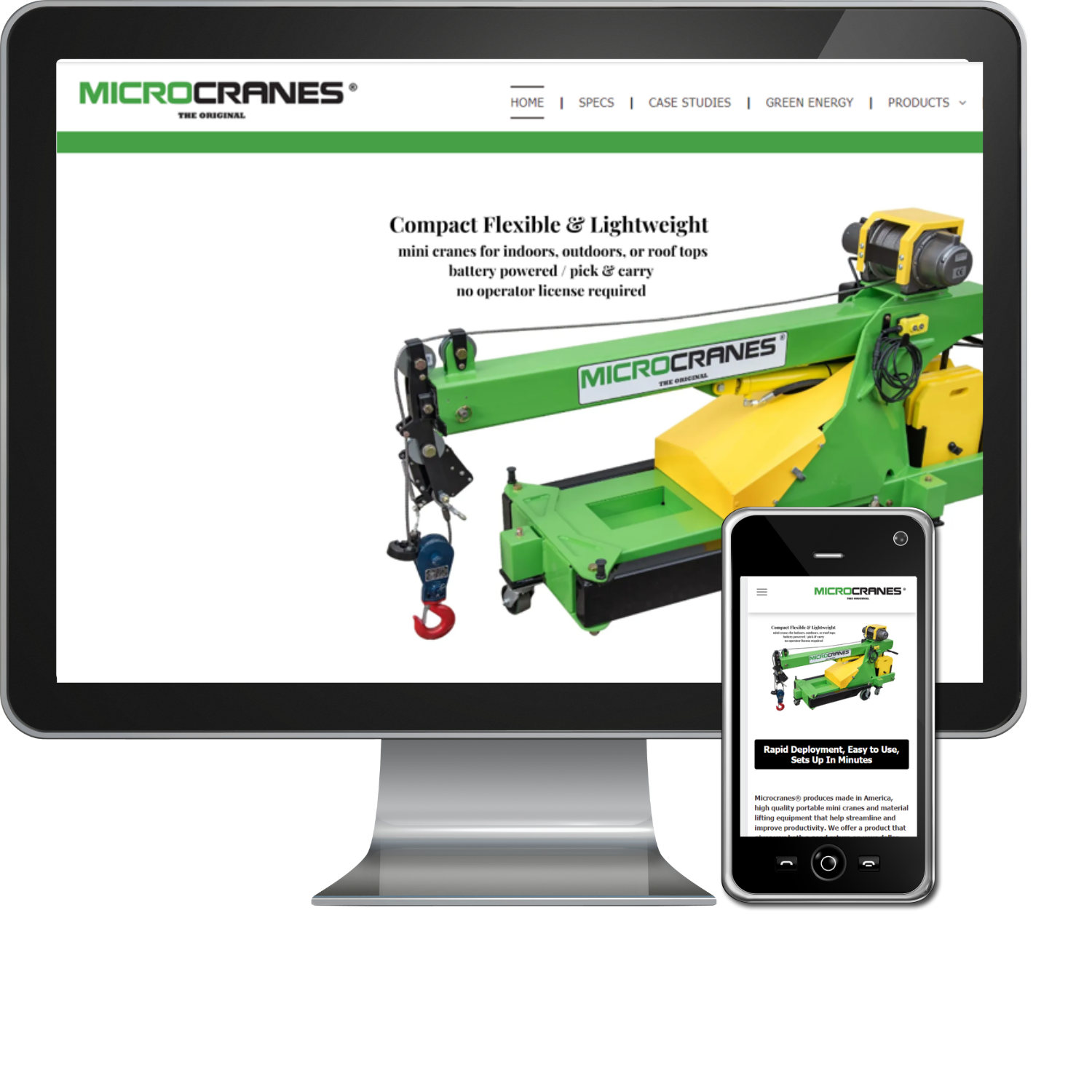 A computer monitor and a cell phone are displaying a website for microcranes.