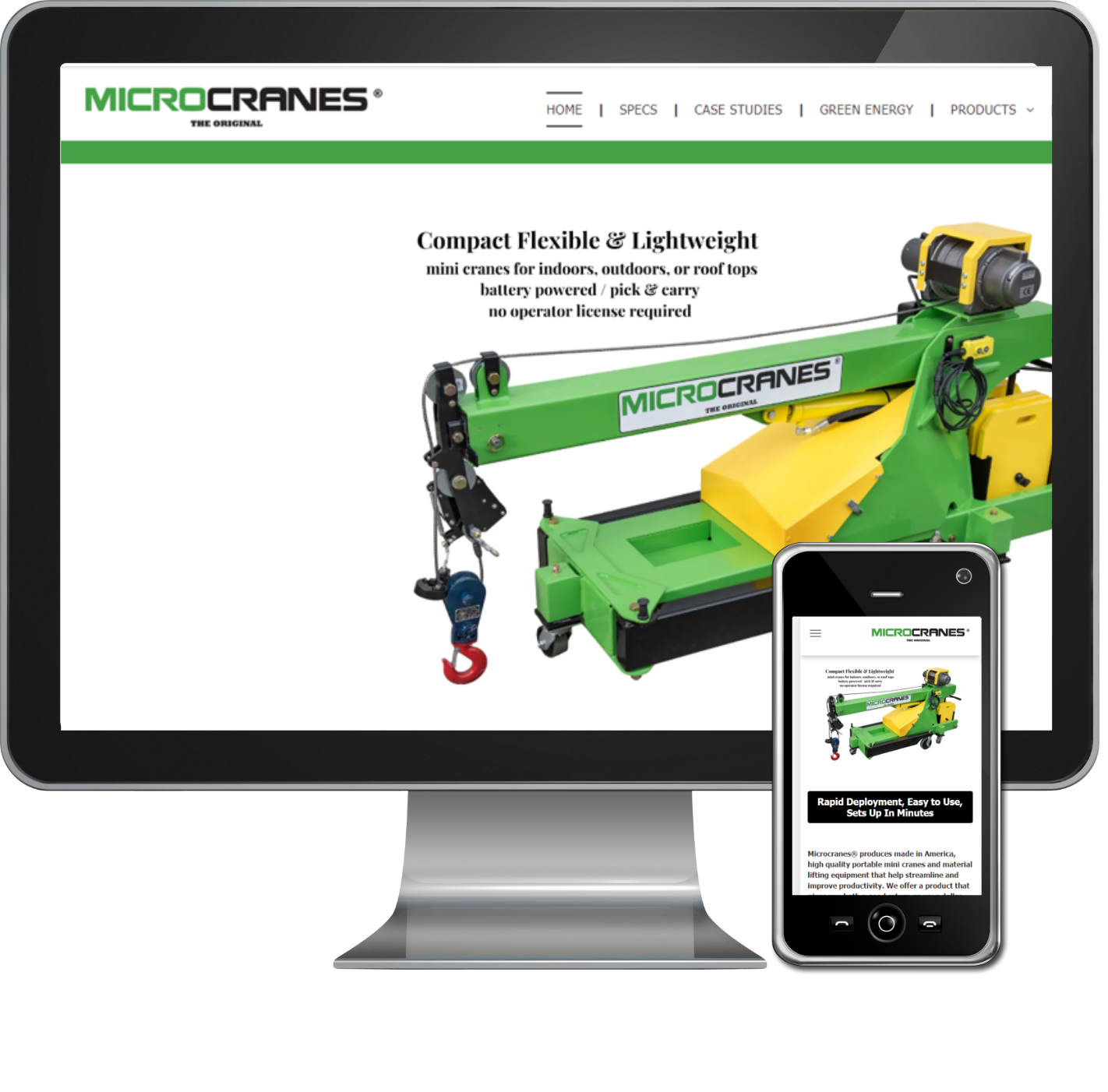 A computer monitor and a cell phone are displaying a website for microcranes.