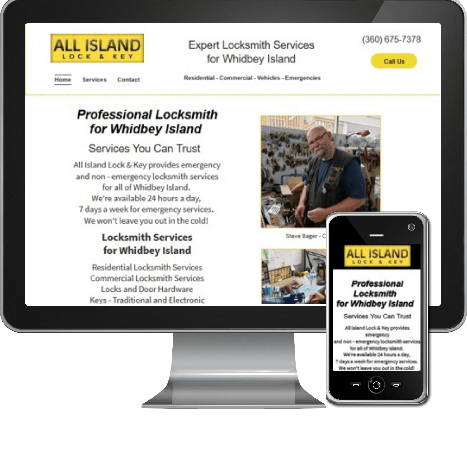 A computer monitor displaying a website for all island locksmith services