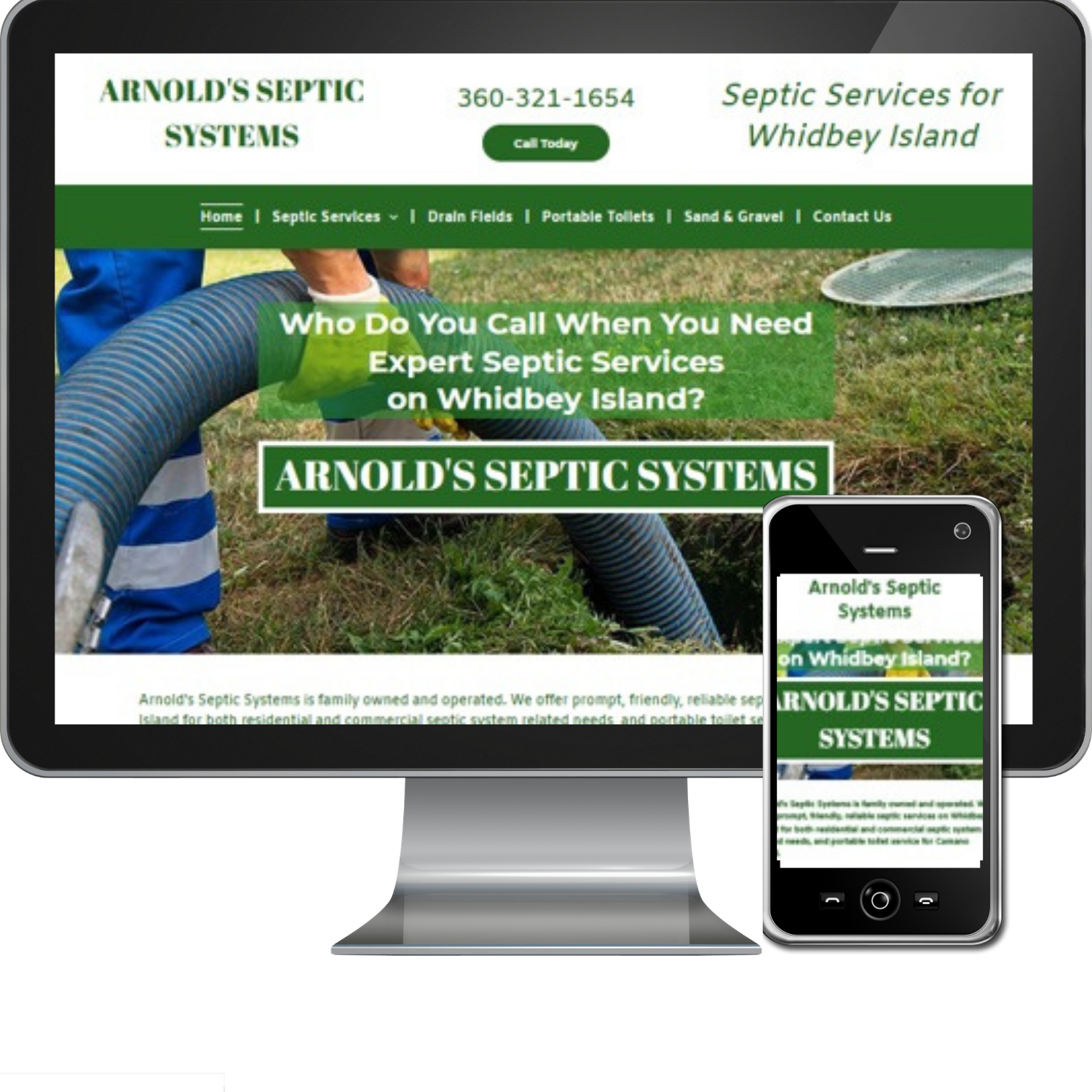 Arnold 's septic systems website on a computer and phone