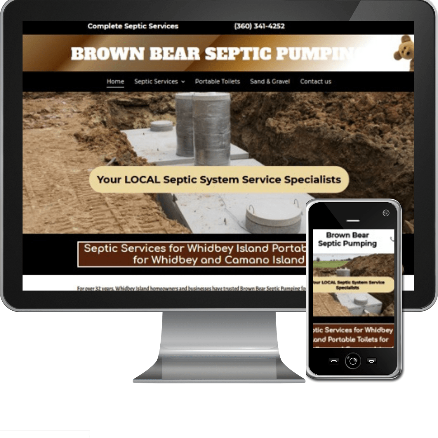 A computer monitor and a cell phone showing a website for brown bear septic pumping