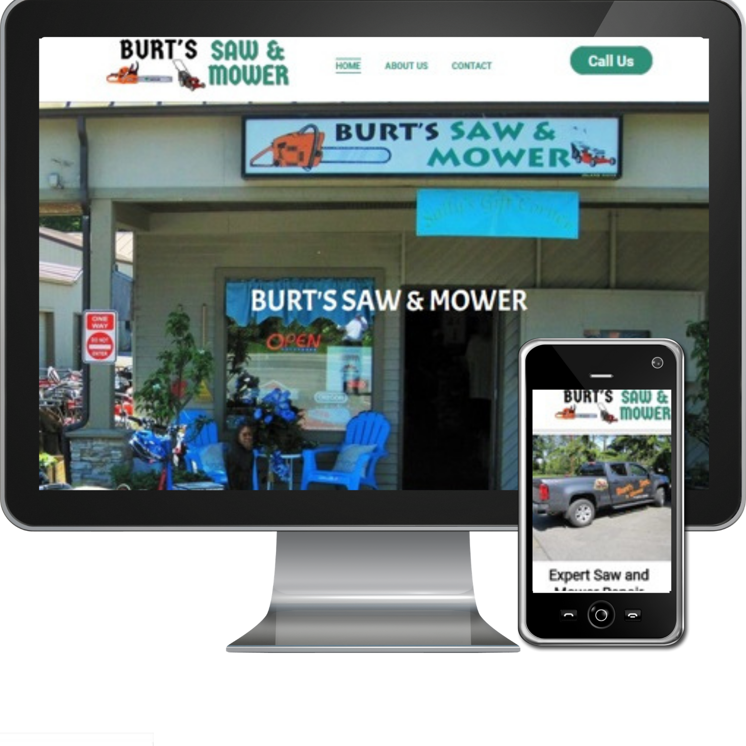 A computer screen displays a website for burt 's saw and mower