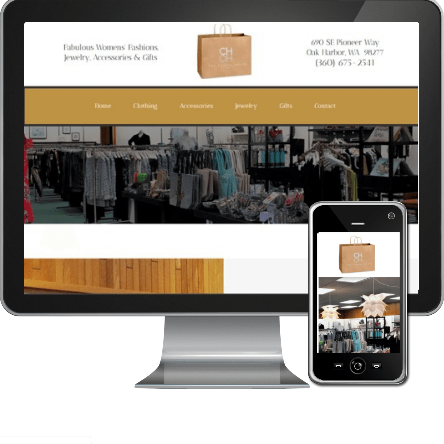 A computer monitor and a cell phone are displaying a website for a clothing store.