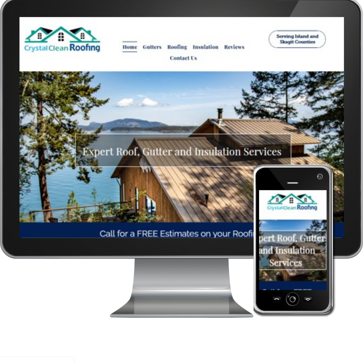 A computer and a cell phone displaying a website for crystal clear roofing