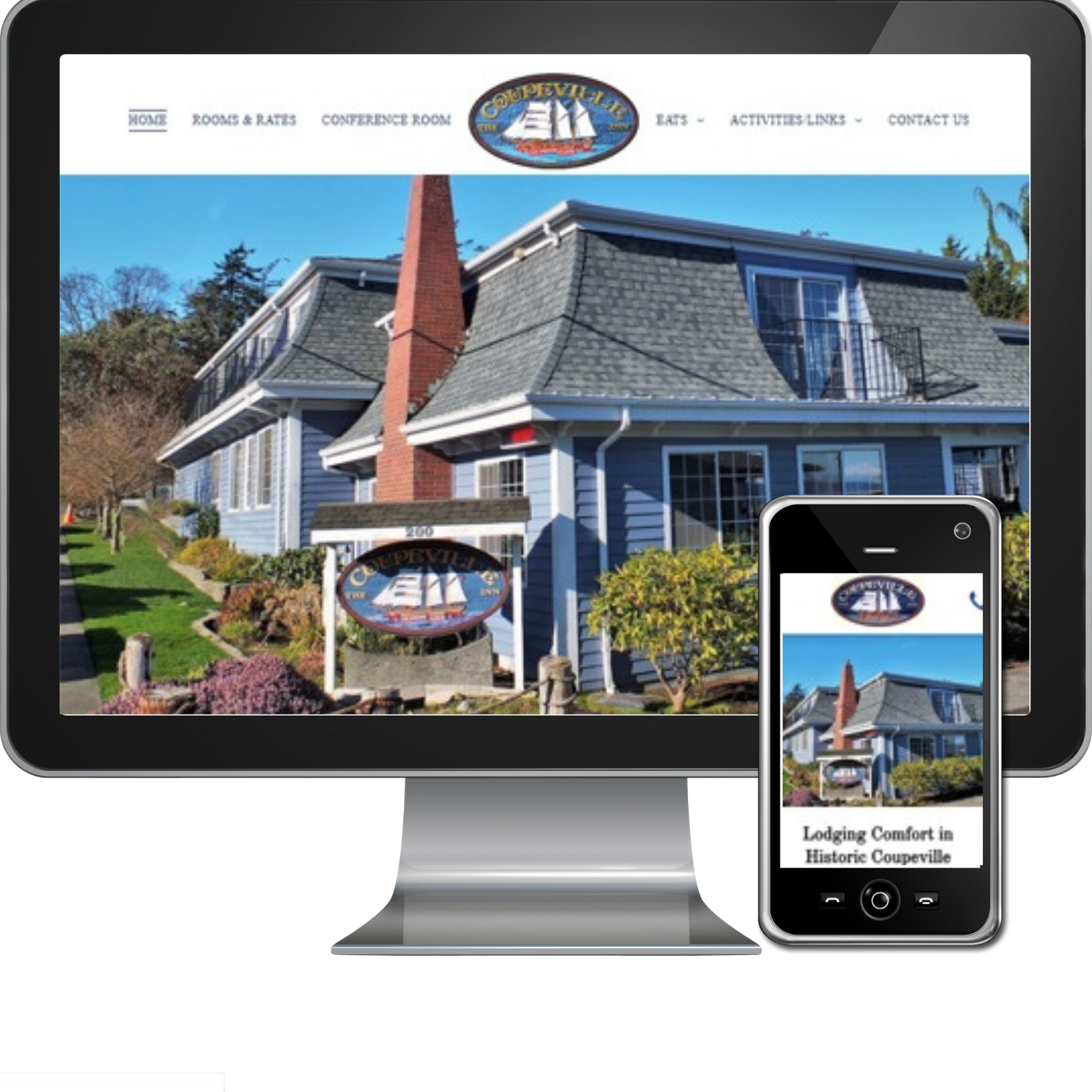 A computer monitor and a cell phone showing a house