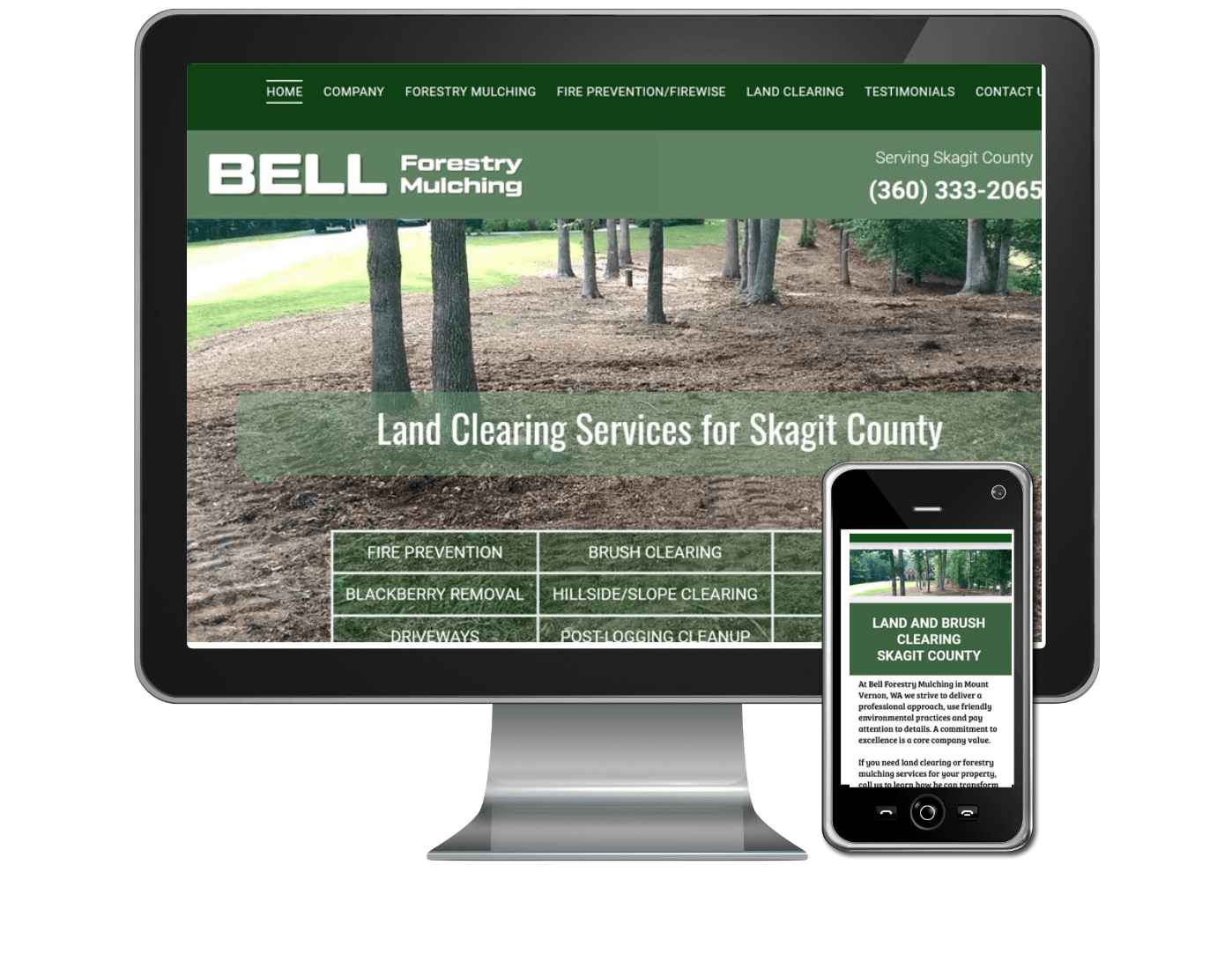 A computer and a cell phone are displaying a website for land cleaning services for shati county.