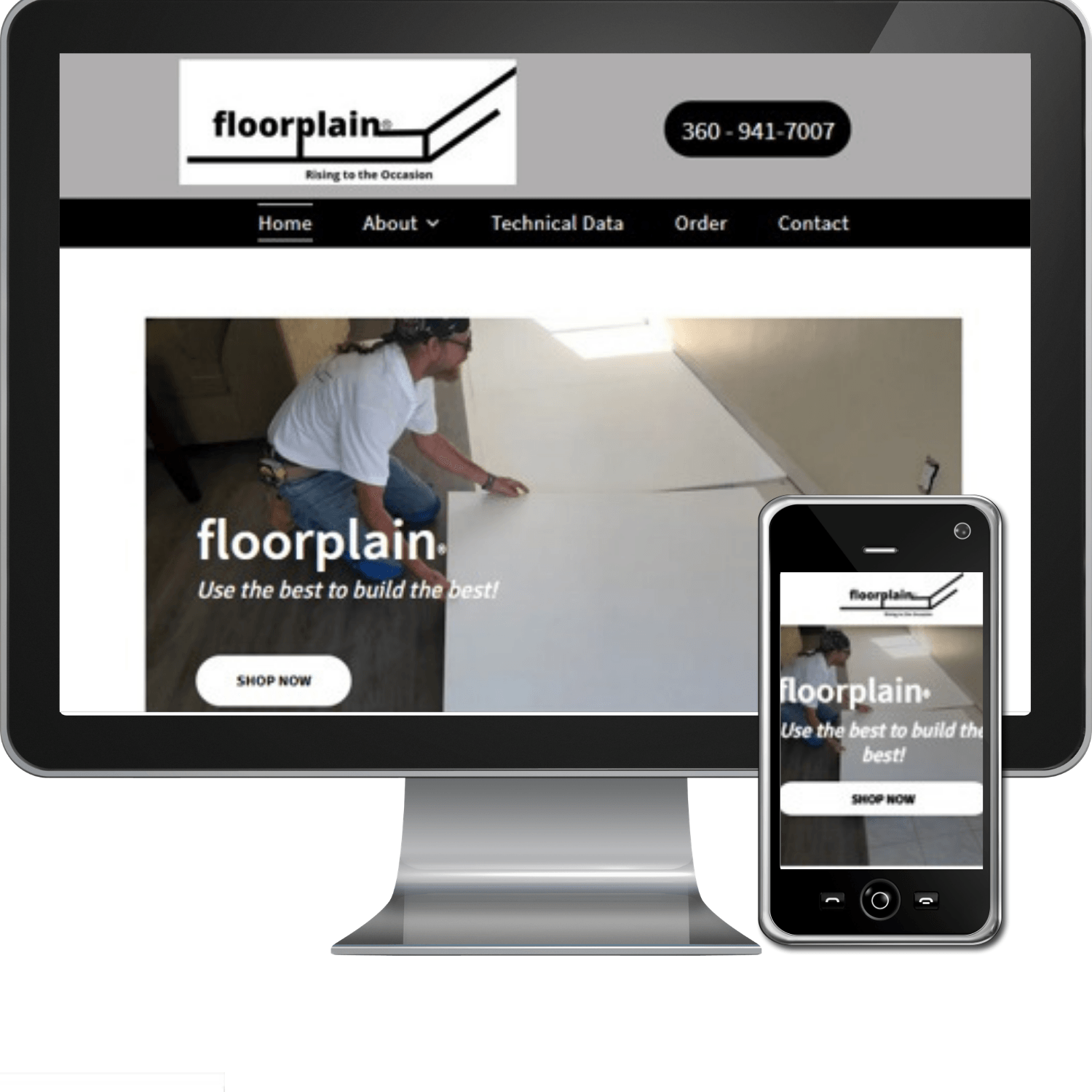 A computer monitor and a cell phone showing the floorplain website