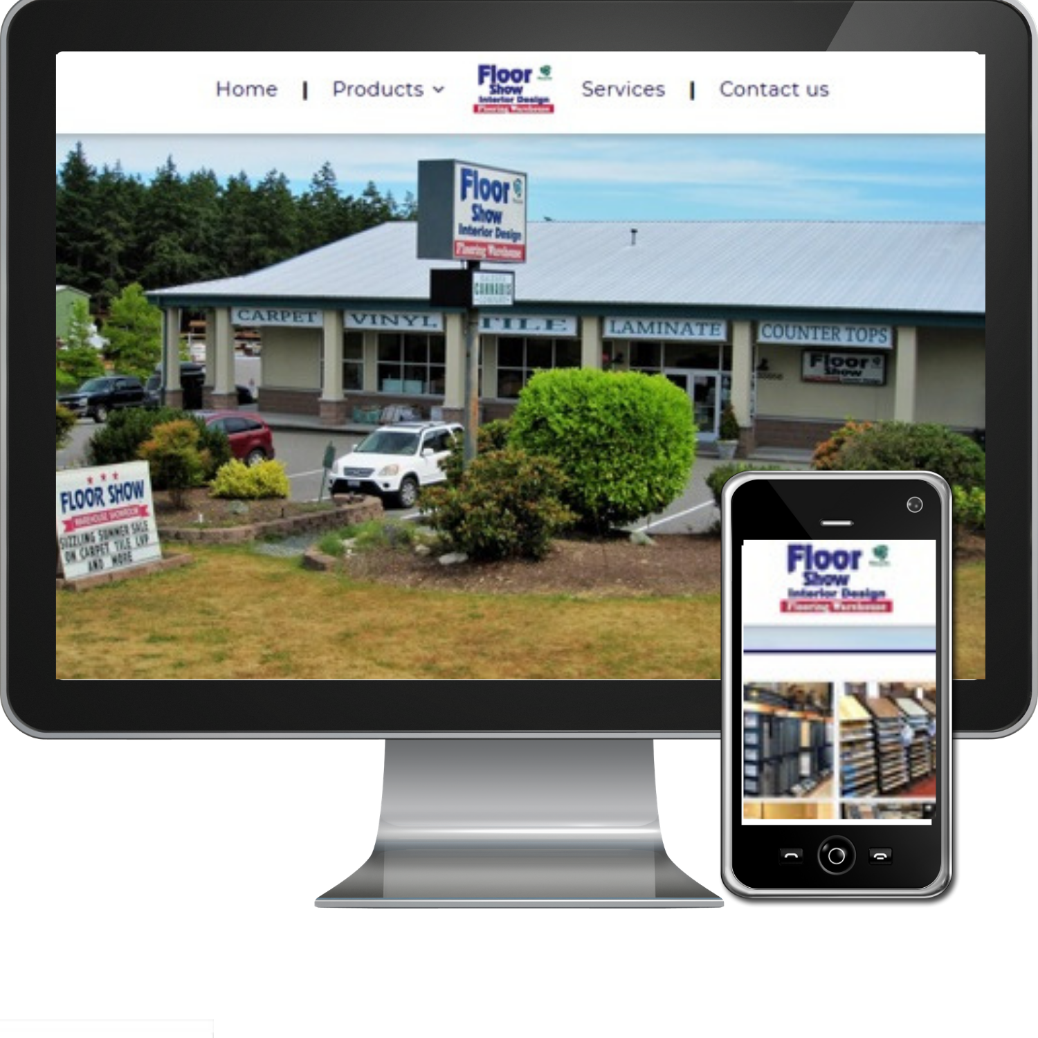 A computer monitor displays a floor store website