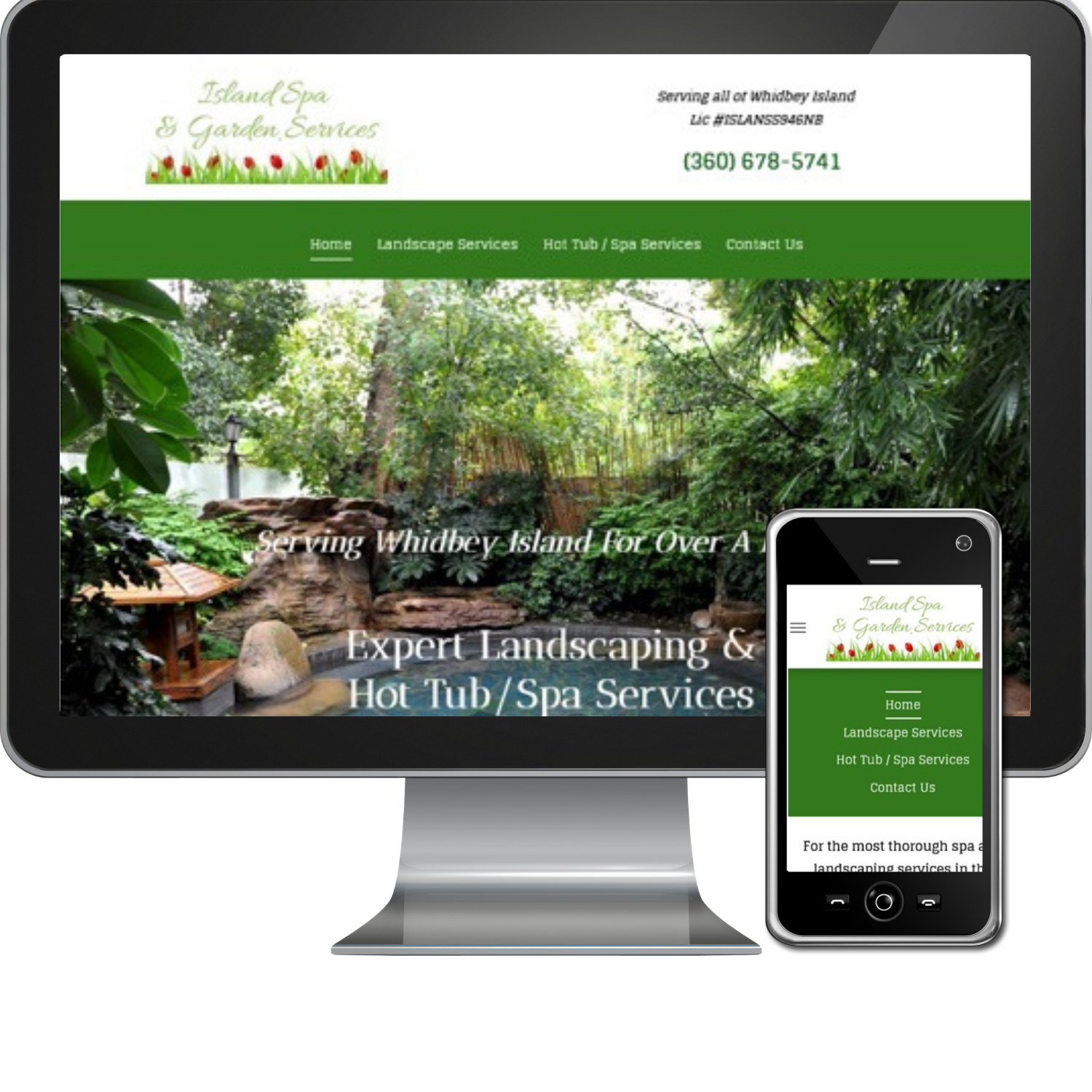 A computer and a cell phone are displaying a website for landscaping and hot tub / spa services.