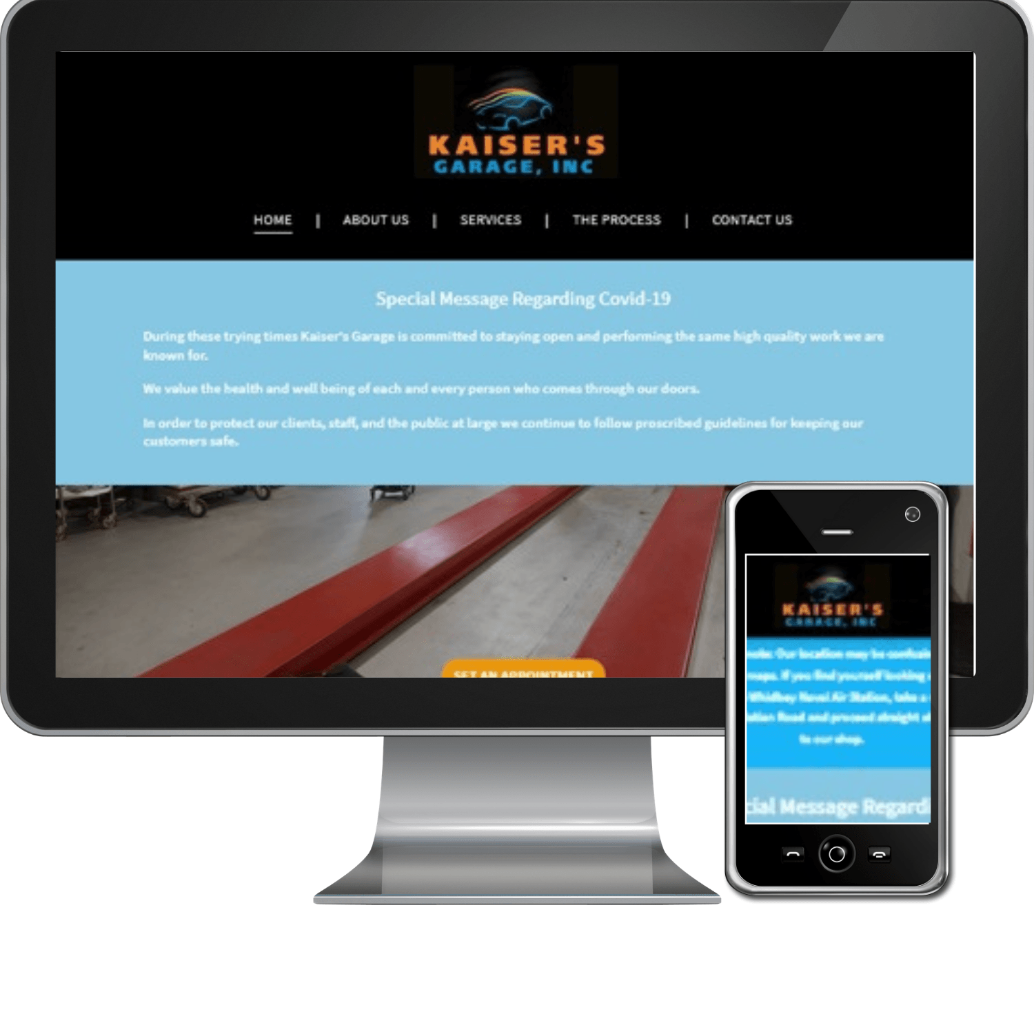 A kaiser 's garage website is displayed on a computer screen