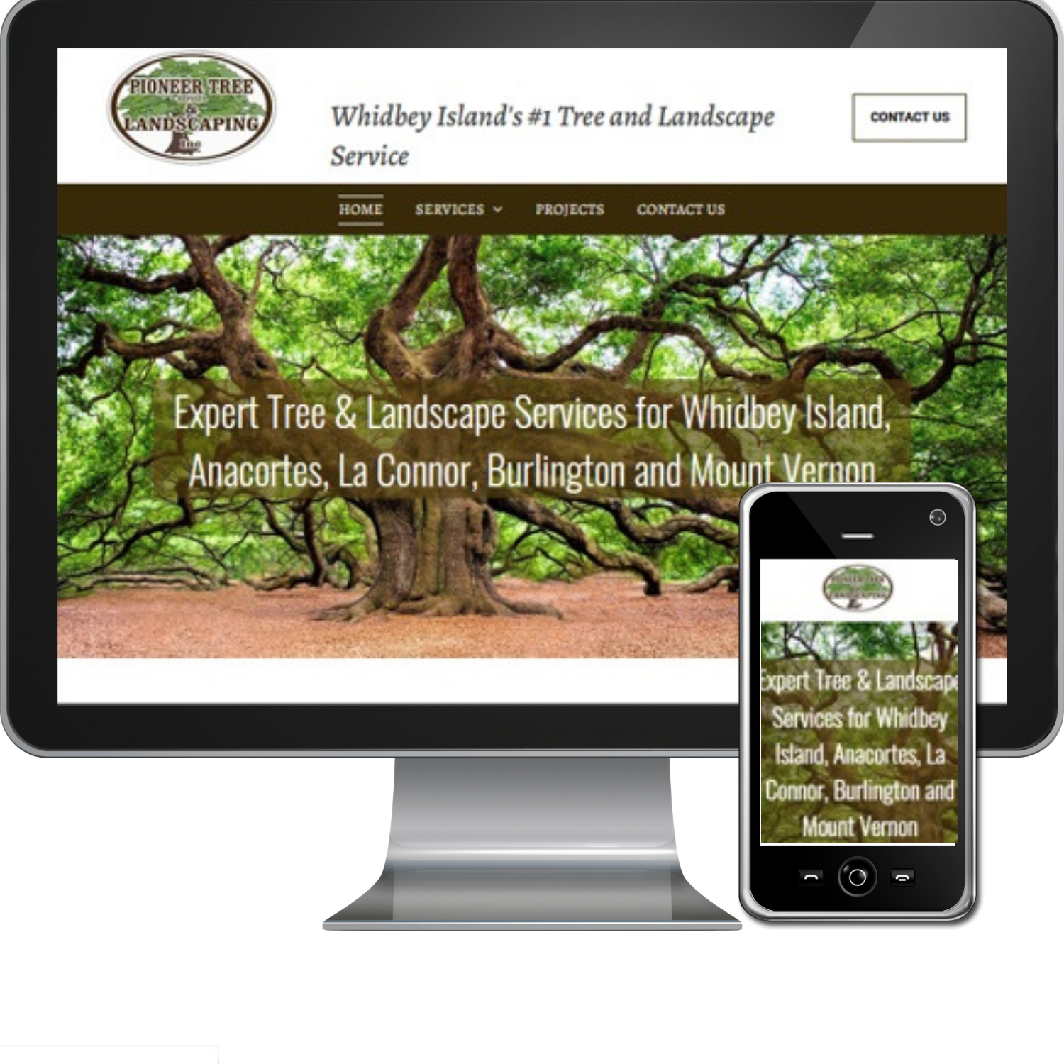 A computer and a cell phone displaying a website for expert tree and landscape services for whidbey island