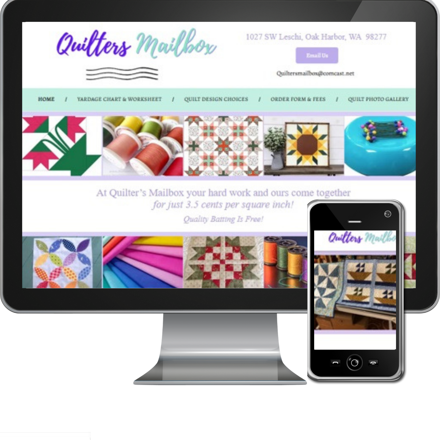 A computer screen displays the website for quilters mailbox