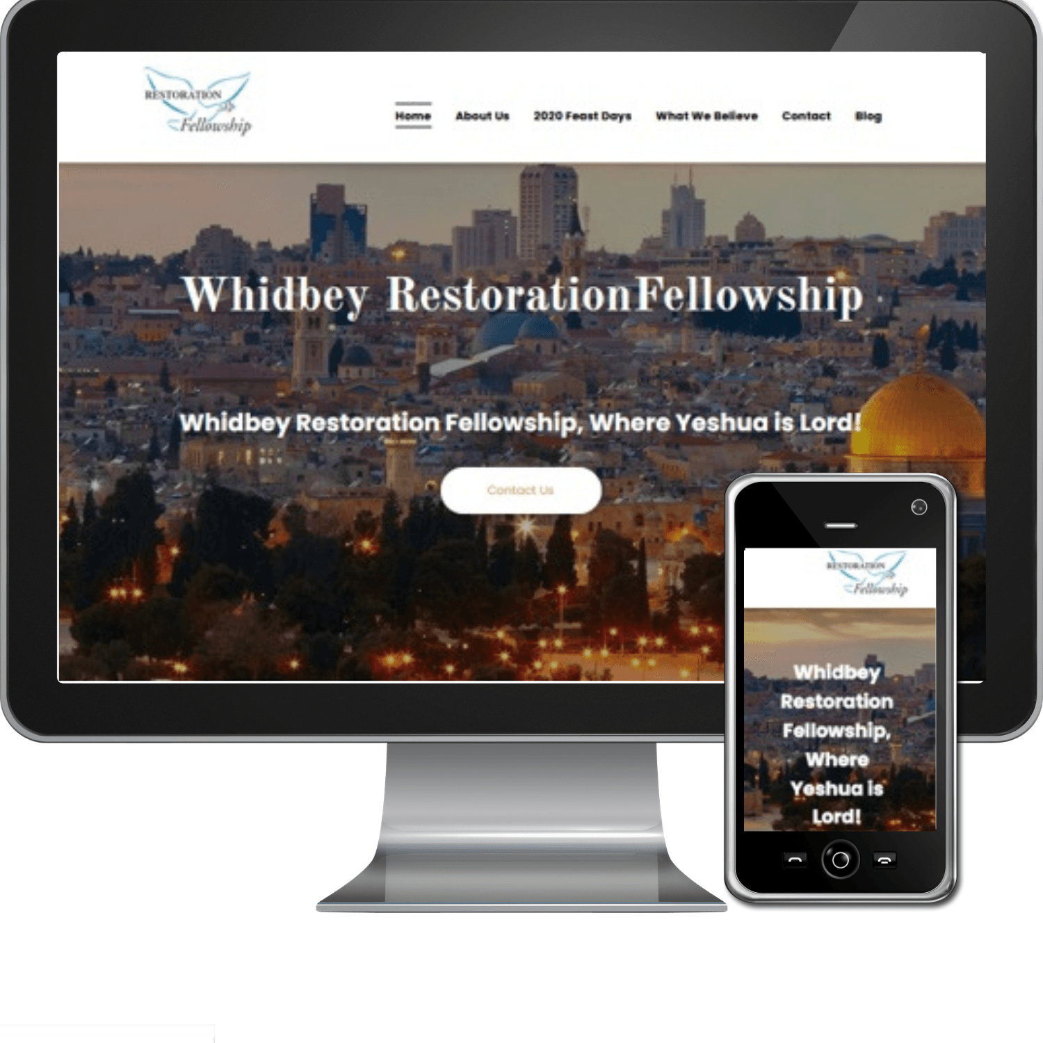 A computer and a cell phone are displaying a website for whidbey restoration fellowship.