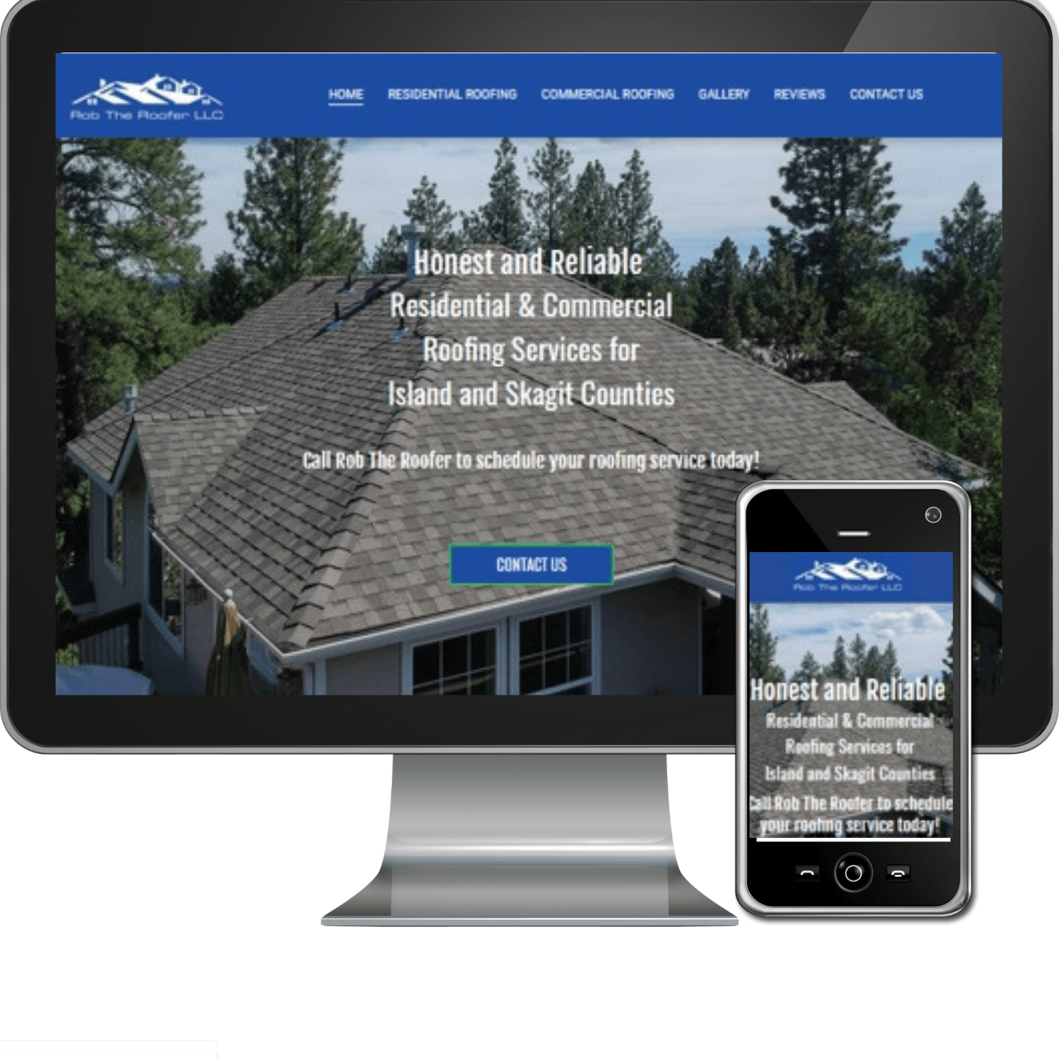 A computer and a cell phone are displaying a website for roofing services.