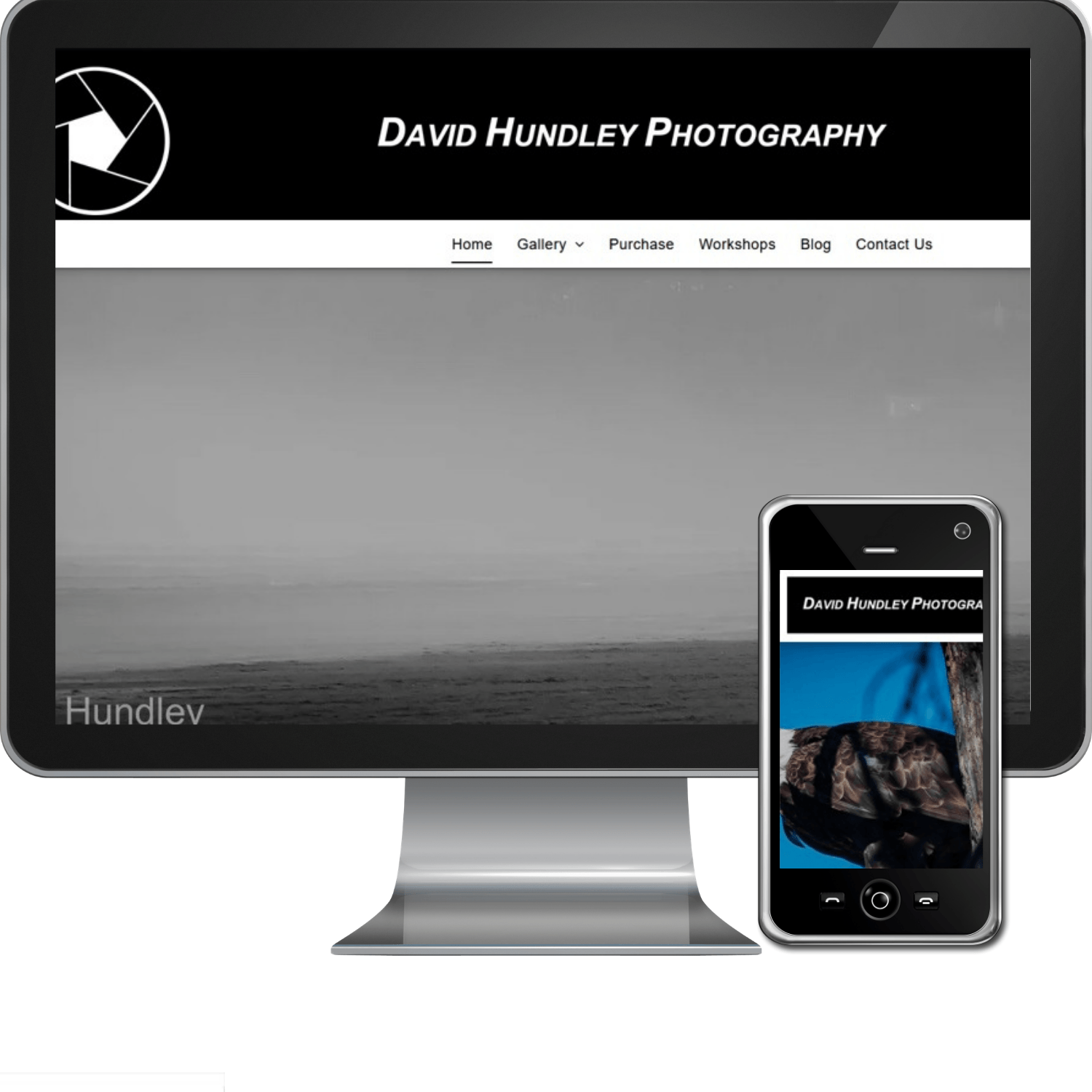 A computer monitor and a cell phone are displaying a website for david hundley photography.