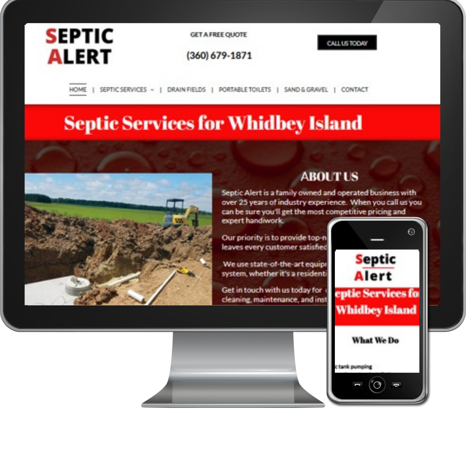 A septic alert website is displayed on a computer screen