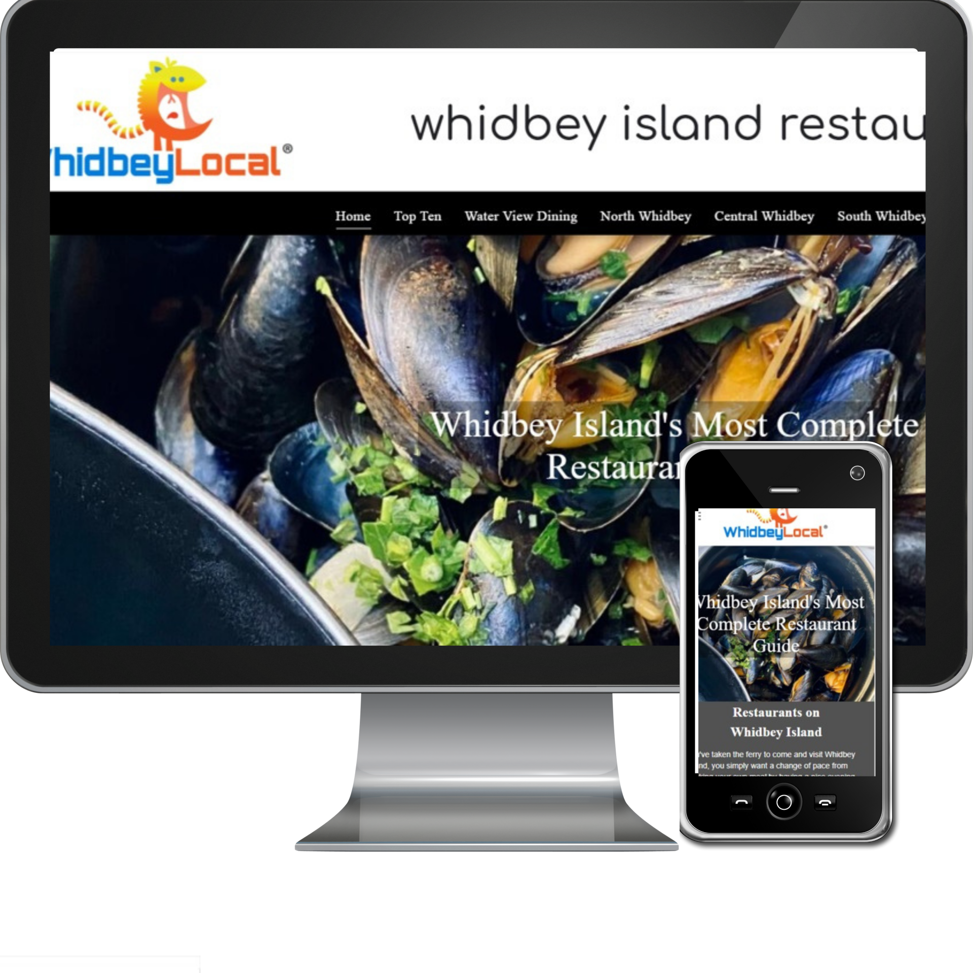 A computer monitor and a cell phone showing the website for whidbey island restaurant