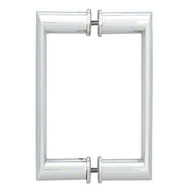 A pair of chrome door handles on a white background.