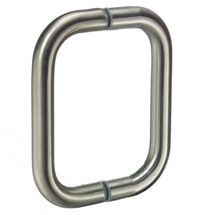 A stainless steel door handle on a white background.