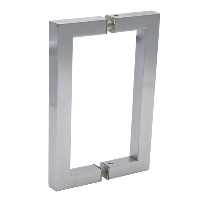 A stainless steel square door handle on a white background.