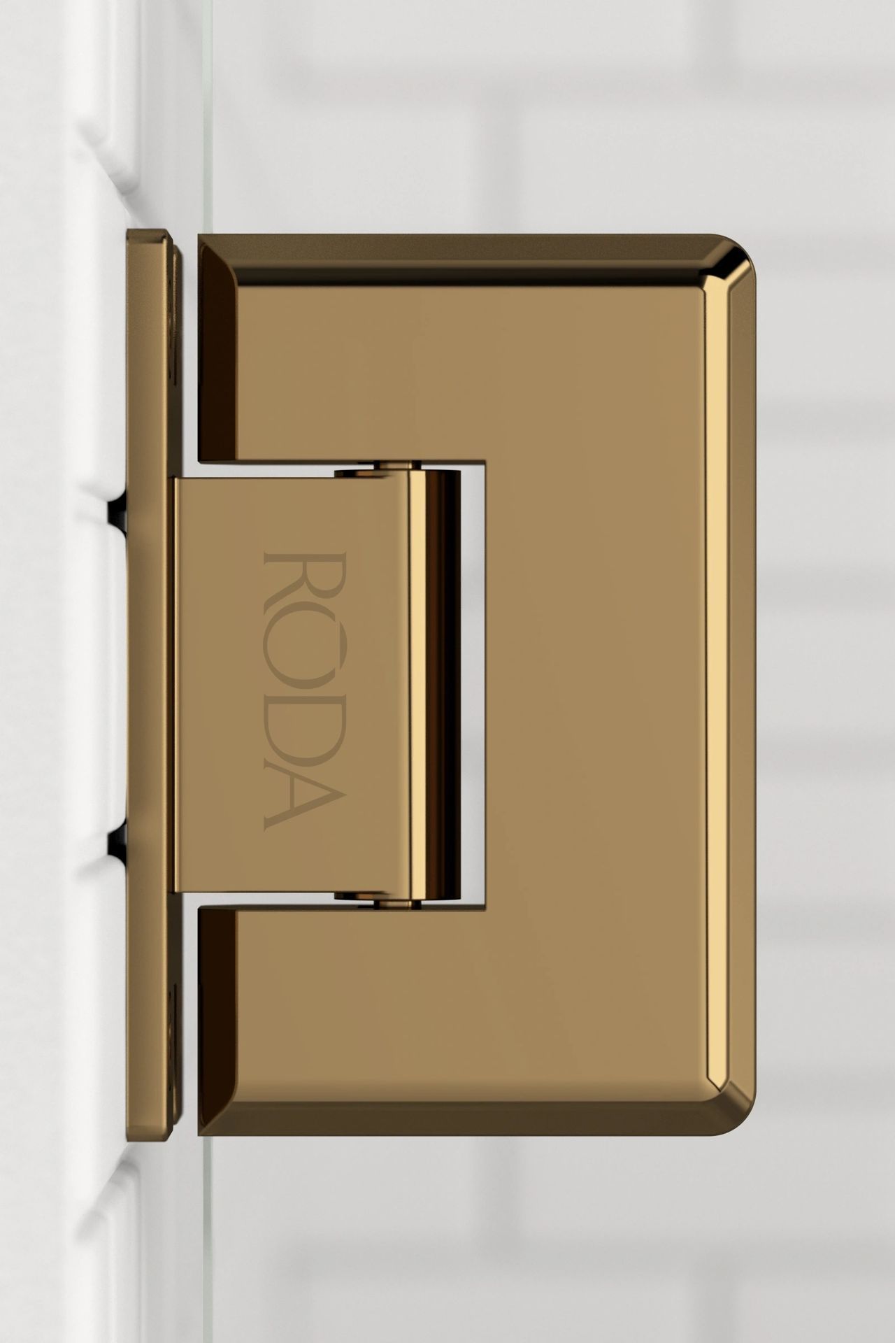 A close up of a roda door hinge on a white wall