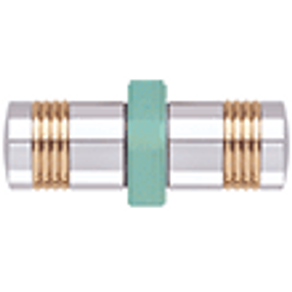 A close up of a metal object with a green ring on a white background.