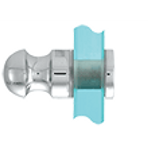 A close up of a door knob on a glass door.