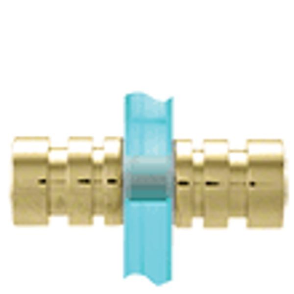 A close up of a blue and gold object on a white background.