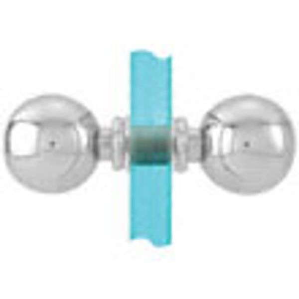 A close up of a door knob on a glass door.