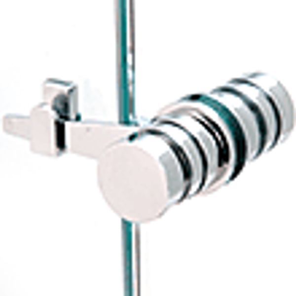 A close up of a clamp on a pipe on a white background.