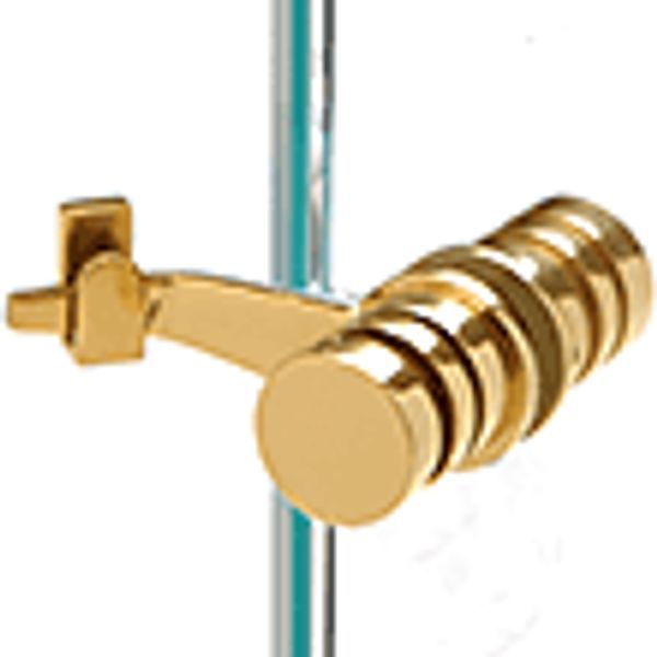 A gold handle is attached to a glass pole.