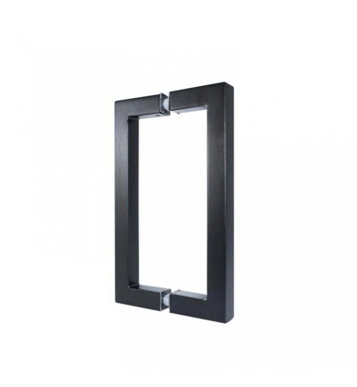 A pair of black square door handles on a white background.