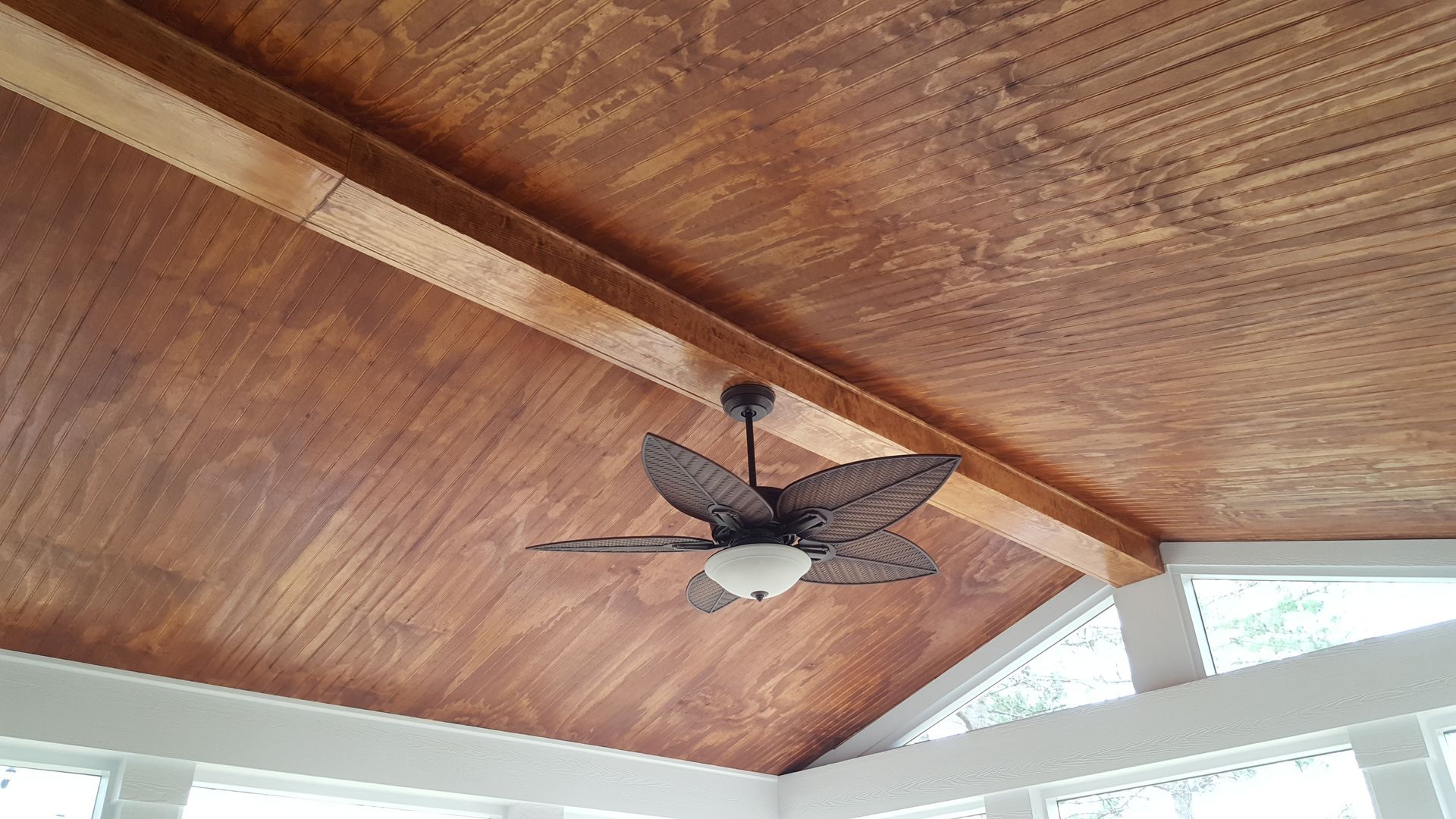 A ceiling fan with leaf-shaped blades hangs from a sloped, natural wood ceiling in a bright sunroom.