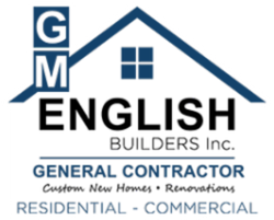 Logo for English Builders Inc., featuring a house roof graphic, business name, and services: residential and commercial.