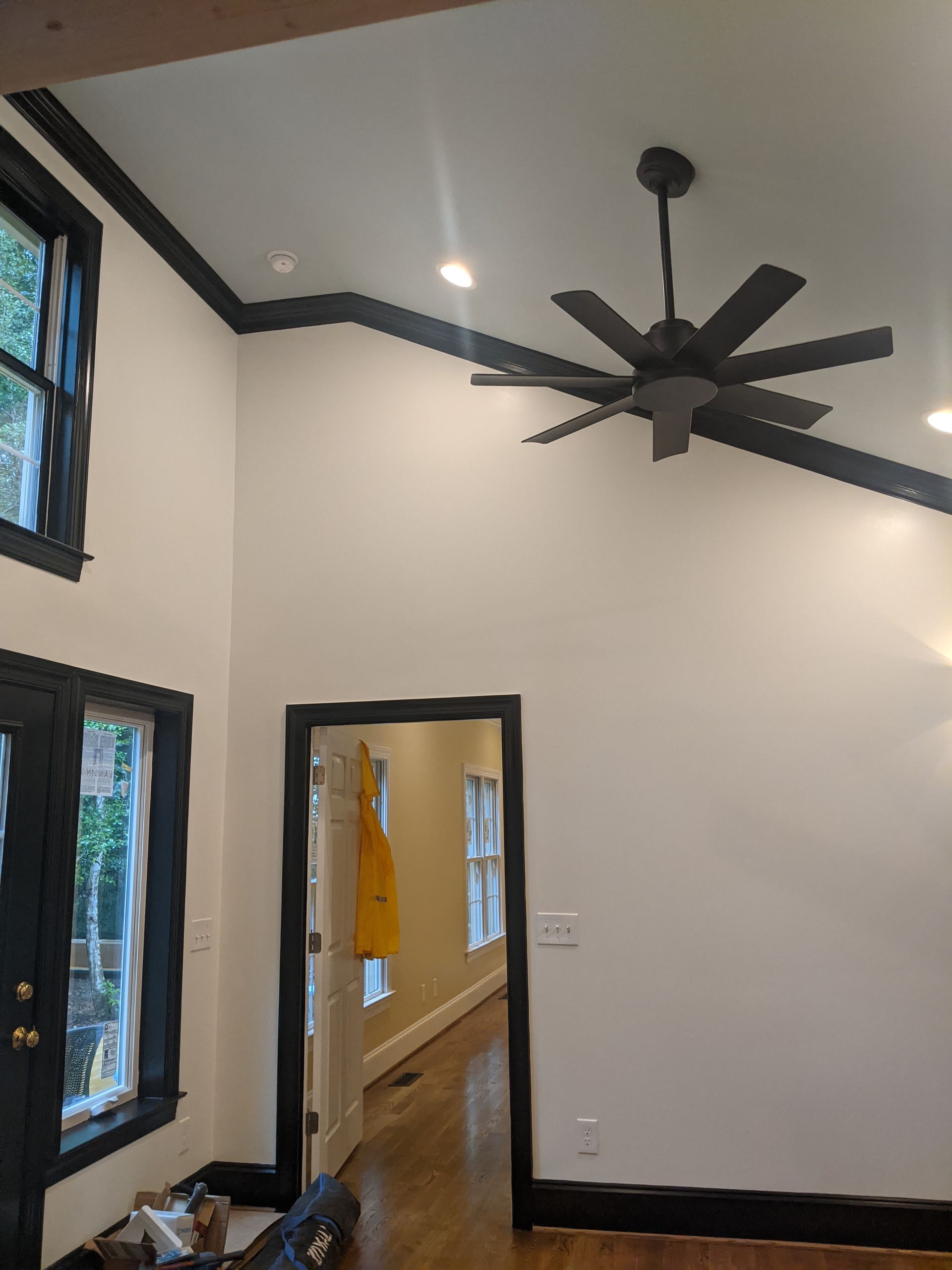 A bright room with high ceilings, a ceiling fan, and black trim around windows, doorways, and the ceiling edge.