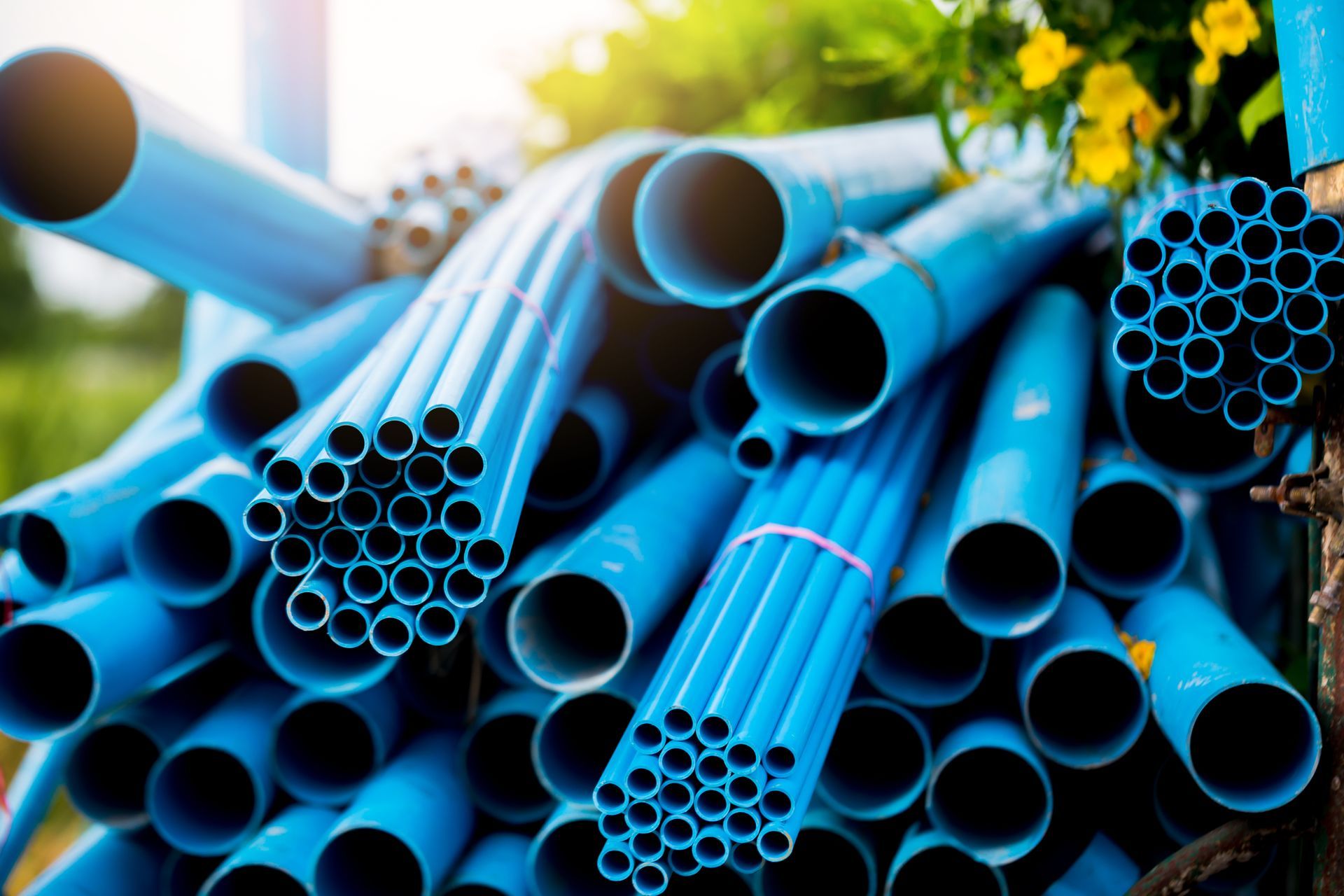 A pile of blue plastic pipes sitting on top of each other.
