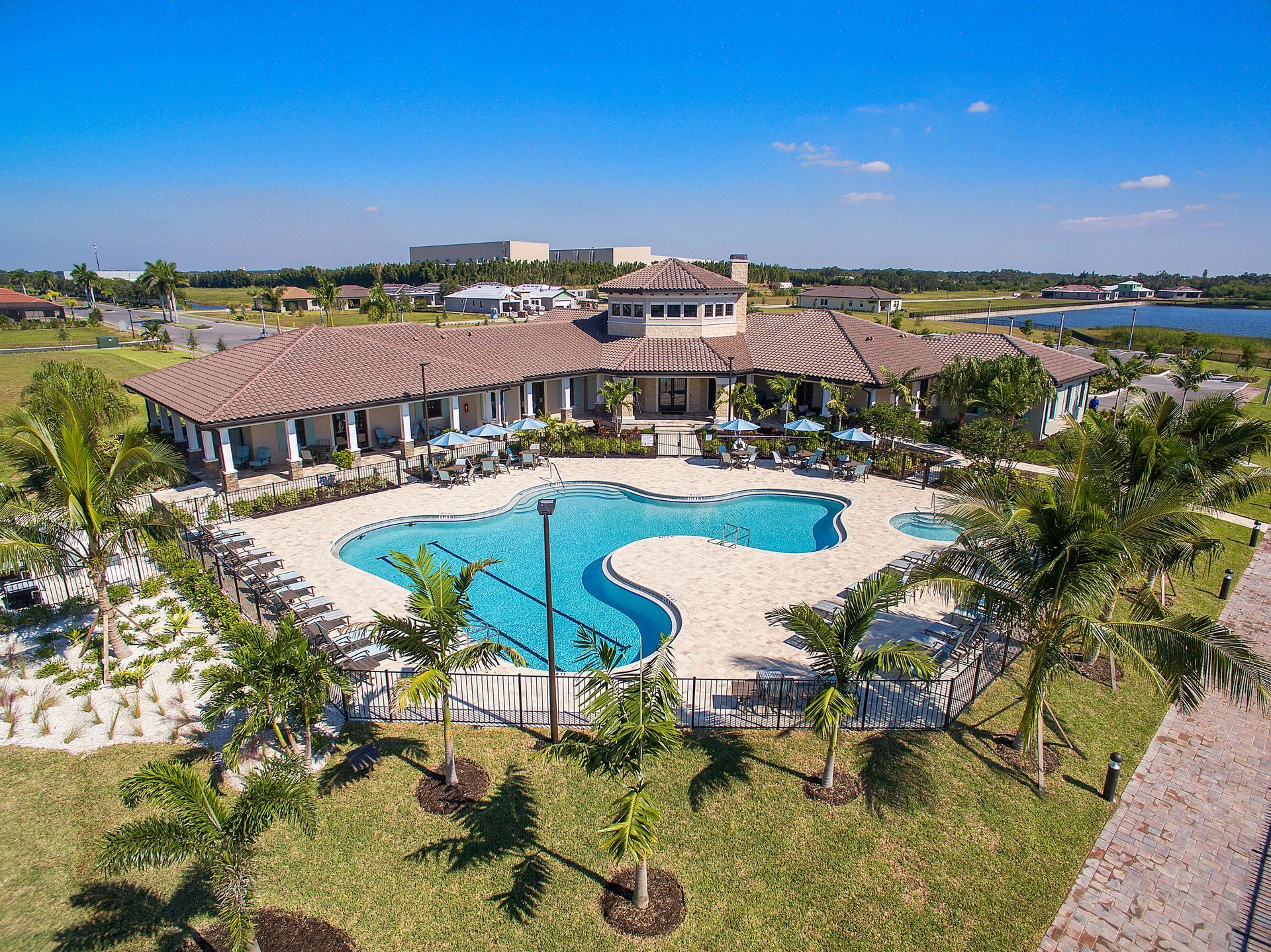 An aerial view of a large swimming pool surrounded by palm trees.
