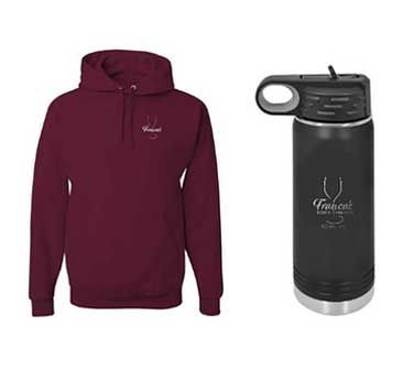 Burgundy hoodie and black water bottle 