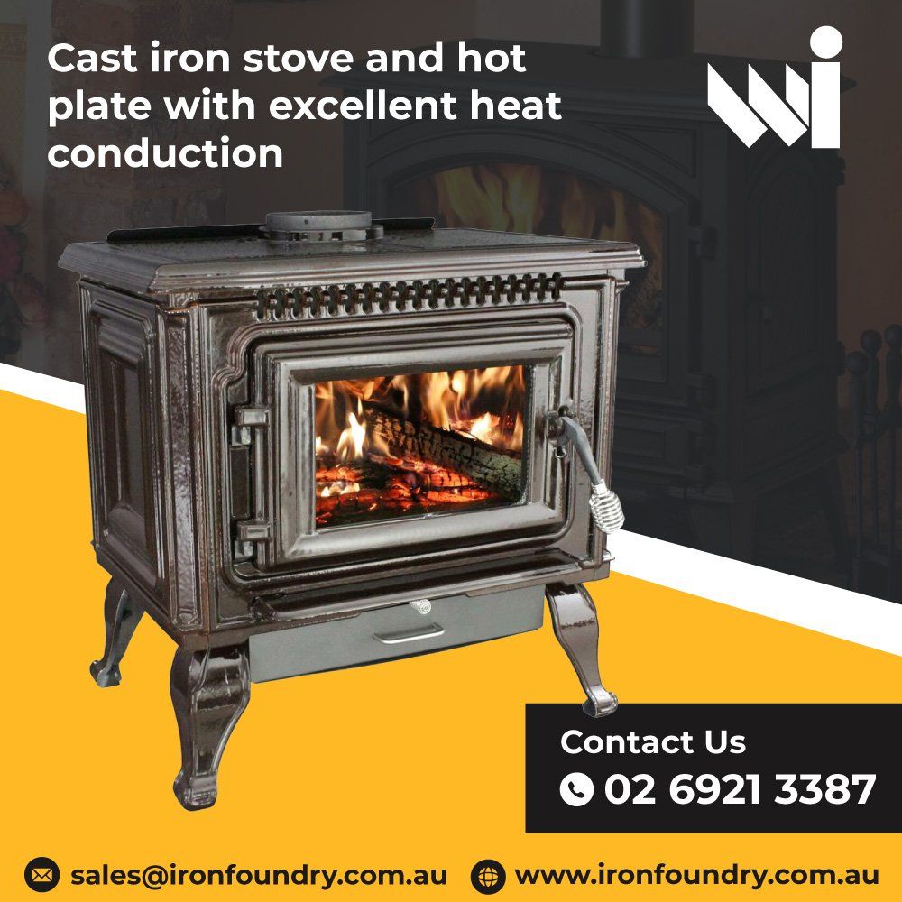 An advertisement for cast iron stove and hot plate with excellent heat conduction