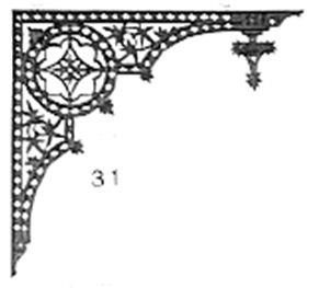 A black and white drawing of a wrought iron bracket on a white background.