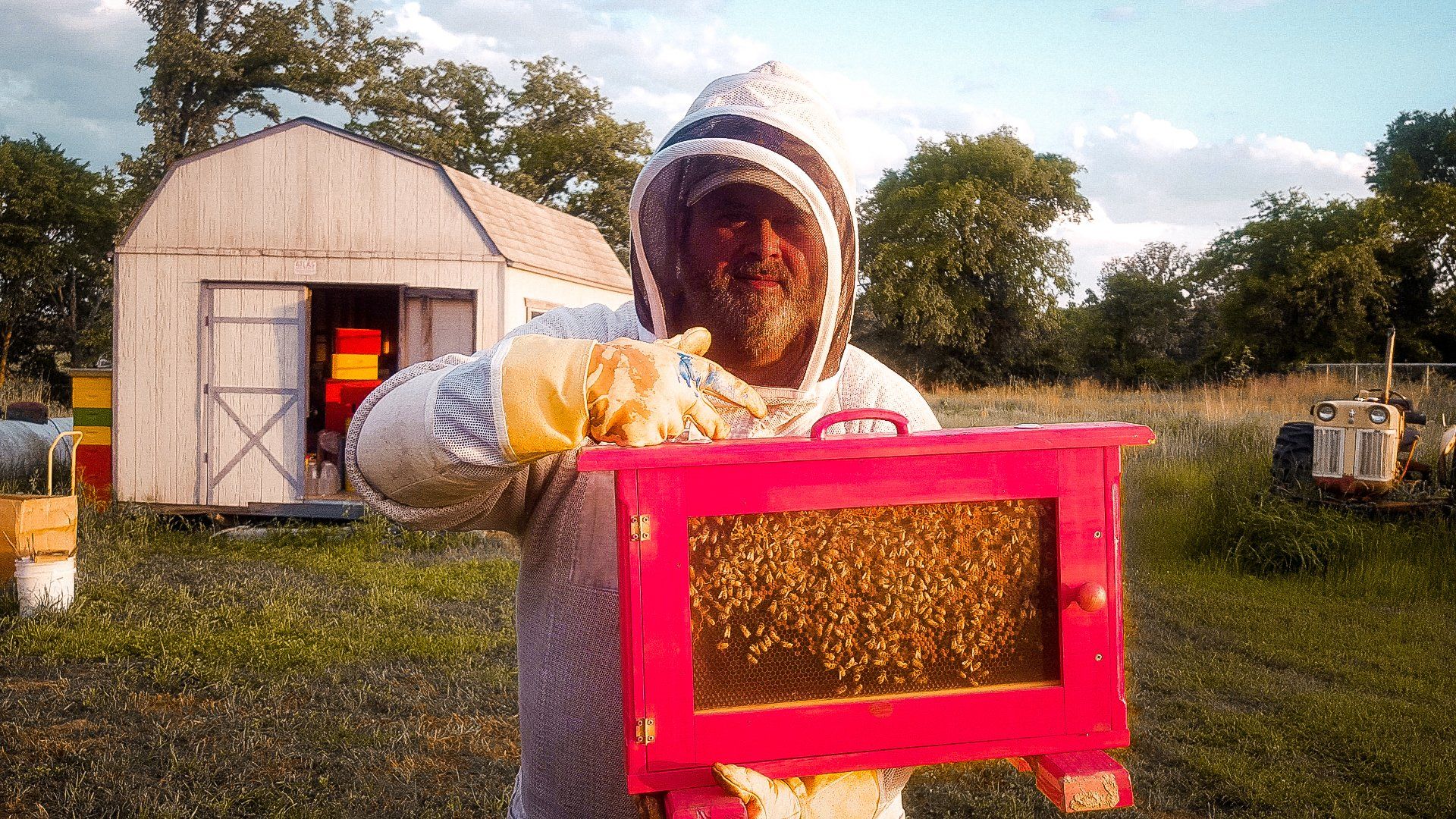 Honey Apple Farm beekeeper holding a beehive