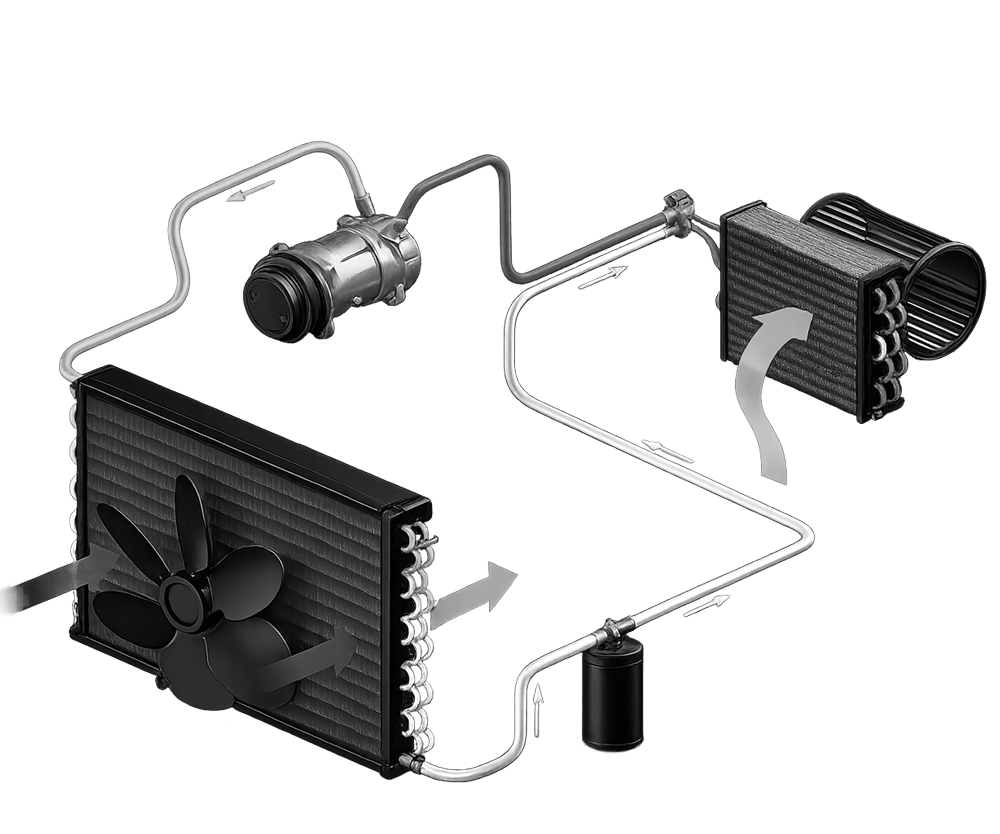 Diagram of an automotive air conditioning system, showing components like compressor, condenser, evaporator, and fan.