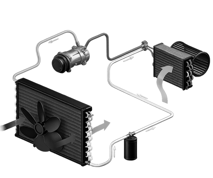 Diagram of an automotive air conditioning system, showing components like compressor, condenser, evaporator, and fan.