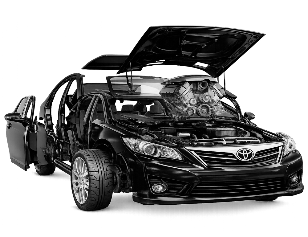 Black car with hood, doors, and roof panels open, engine visible.