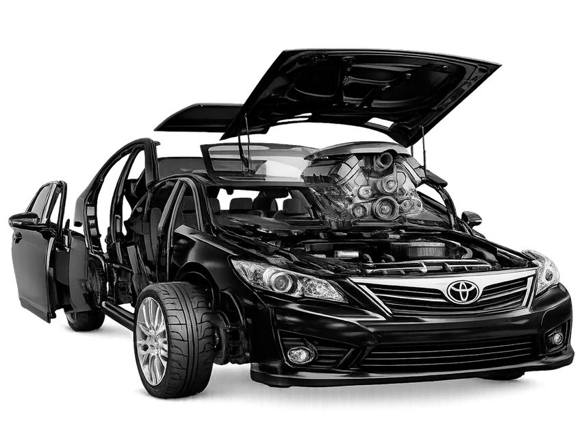 Black car with hood, doors, and roof panels open, engine visible.