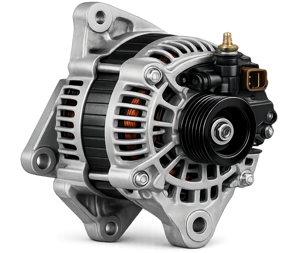 Silver car alternator with black pulley and wiring.